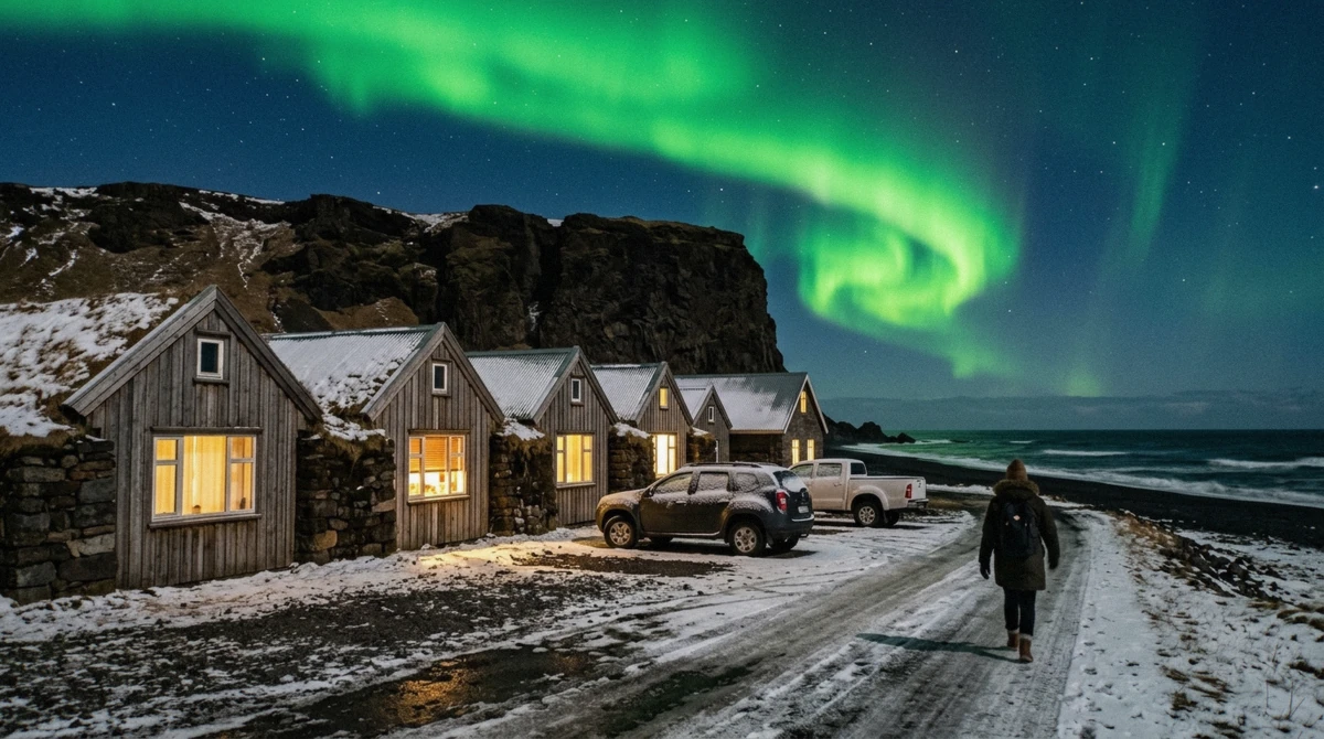 A hotel window in Vík, Iceland facing a dark sky where the northern lights might appear over Vík
