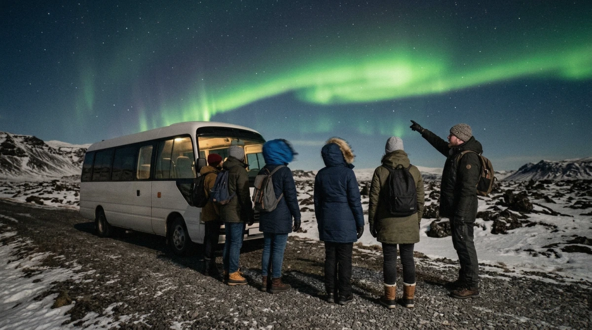 A small group waiting on a dark beach for the aurora above Vík, illustrating whether northern lights tours are worth it in Iceland
