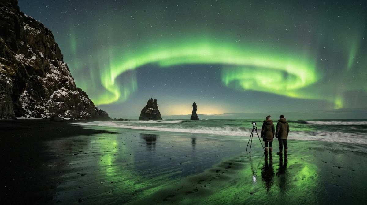 The northern lights glowing green above the black sand of Víkurfjara near Vík, Iceland